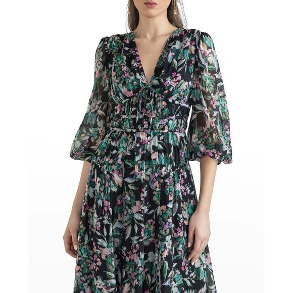 Anthropologie Shoshanna Silk Floral Midi Dress Sheer Puff Sleeve Wedding Guest 8 - Picture 2 of 11